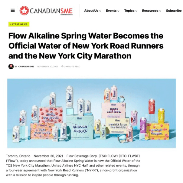 Canadian SME article: Flow Alkaline Spring Water Becomes the Offical Water of New York Road Runners and the New York City Marathon