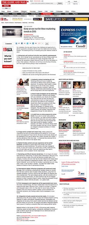 Globe and Mail Marketing Trends by Natasha Koifman, President of NKPR leading PR Agency